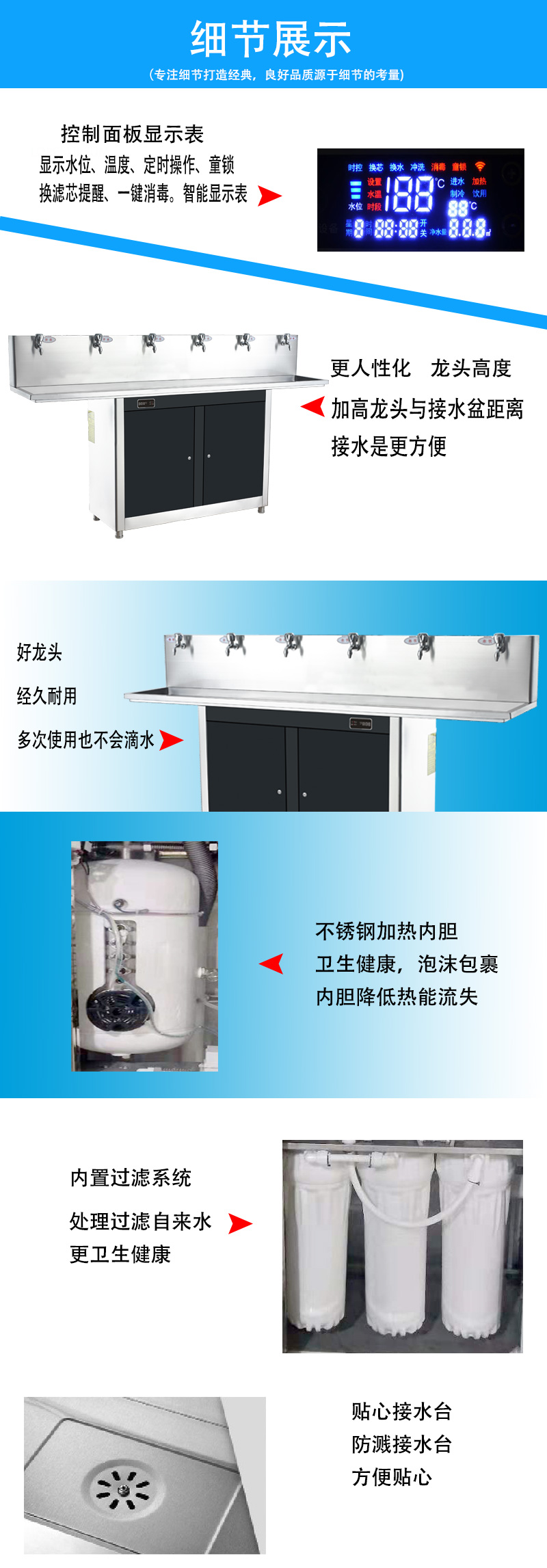 背板式六龍頭校園節能飲水機